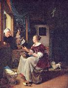 Pieter Cornelisz. van Slingelandt A young lacemaker is interrupted by a birdseller who offers her ware through the window USA oil painting artist